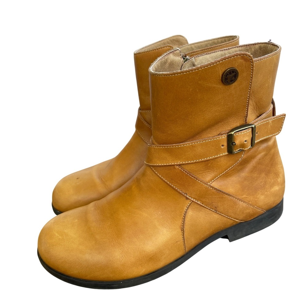 Birkenstock Collins Leather Ankle Boots Brown Buckle Strap Side Zip Womens 40 L9